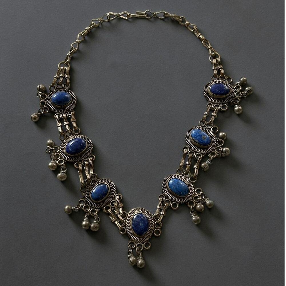Vintage Afghan Tribal Lapis Lazuli Necklace Kuchi Silver Tone Statement